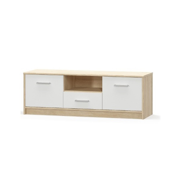 Colectia TIPS - Set Living TIPS, 7 piese, comoda TV, 2 biblioteci deschise, comoda, vitrina, masuta de cafea, raft suspendat, stejar sonoma + alb