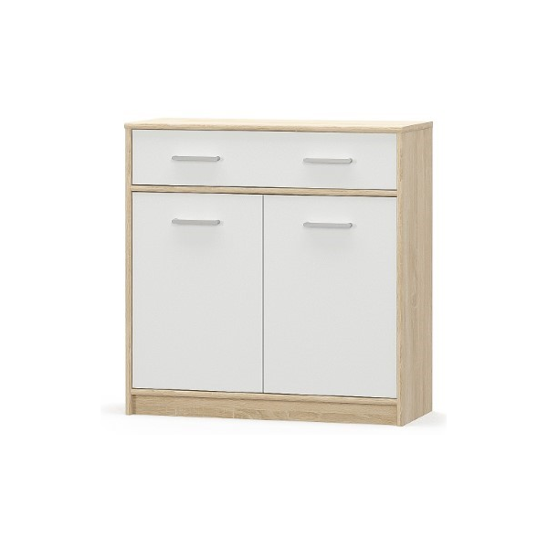 Colectia TIPS - Set Living TIPS, 7 piese, comoda TV, 2 biblioteci deschise, comoda, vitrina, masuta de cafea, raft suspendat, stejar sonoma + alb