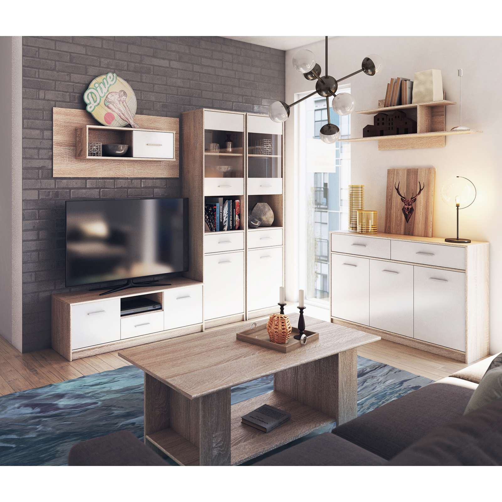 Colectia TIPS - Set Living TIPS, 7 piese, comoda TV, 2 vitrine, comoda, masuta de cafea, 2 rafturi, stejar sonoma + alb