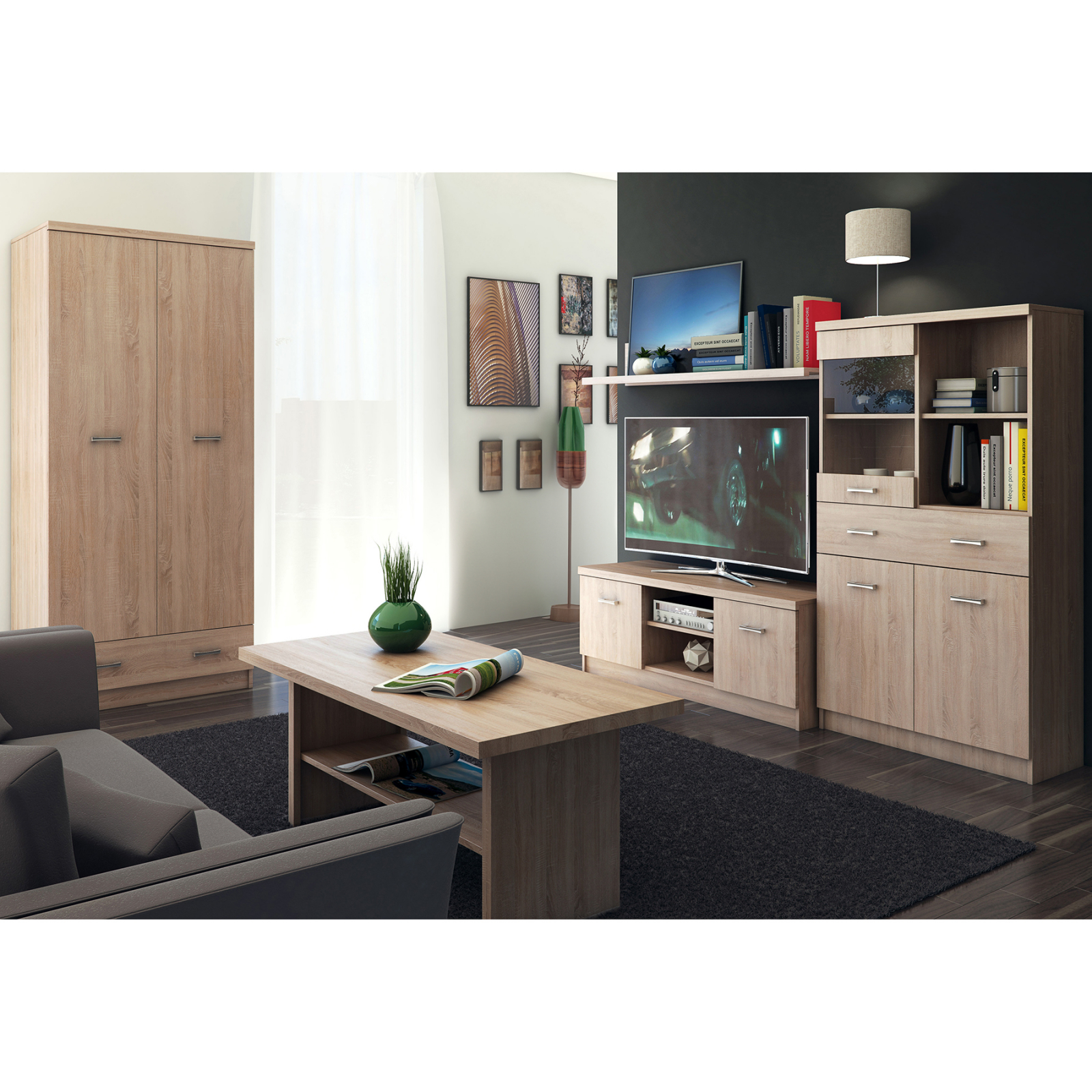 Livinguri - Set Living TOP MIX, 4 piese, dulap 2 usi, comoda TV, vitrina, masuta de cafea, stejar sonoma