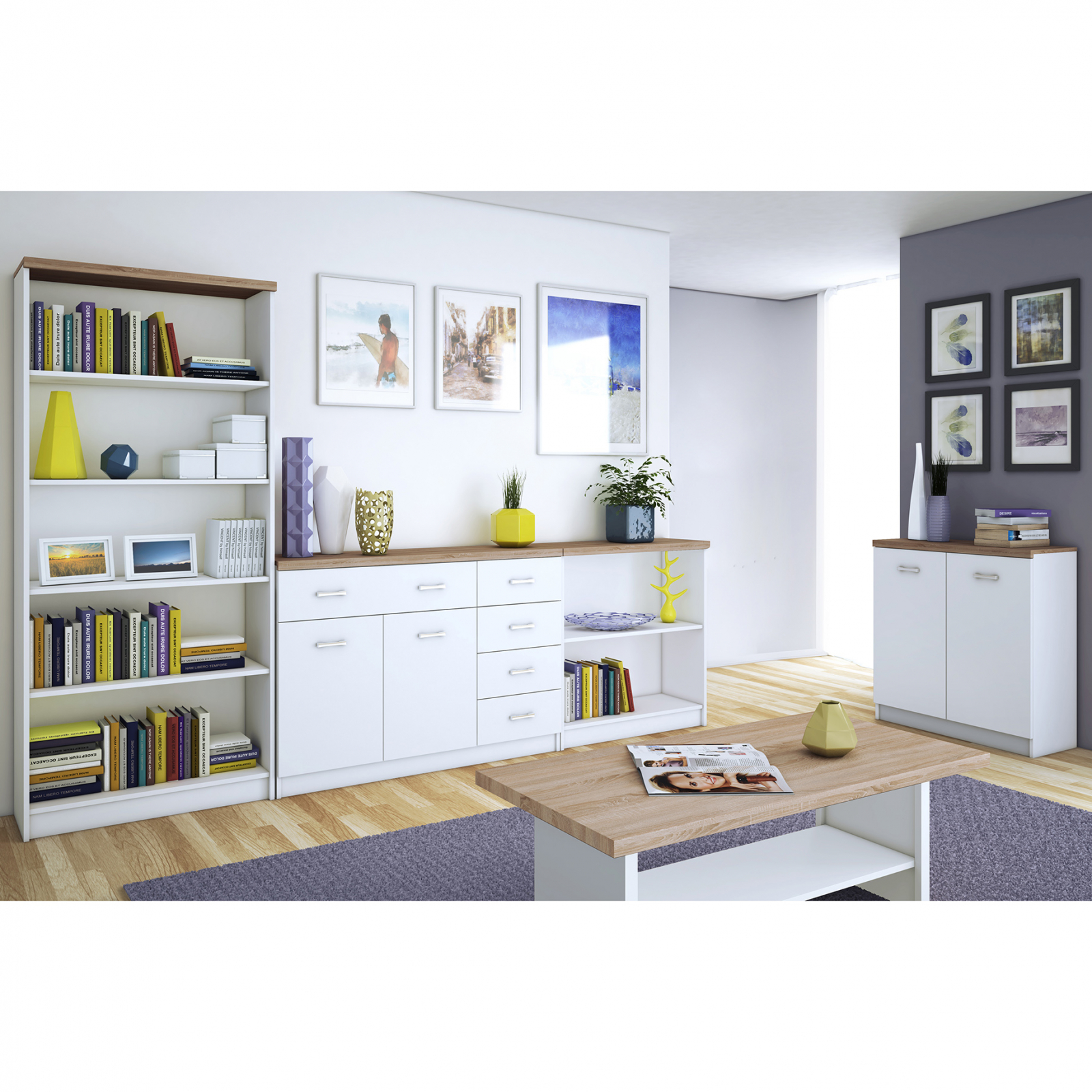 Livinguri - Set Living TOP MIX, 5 piese, 2 biblioteci, 2 comode, masuta de cafea, alb, 280x33x183 cm