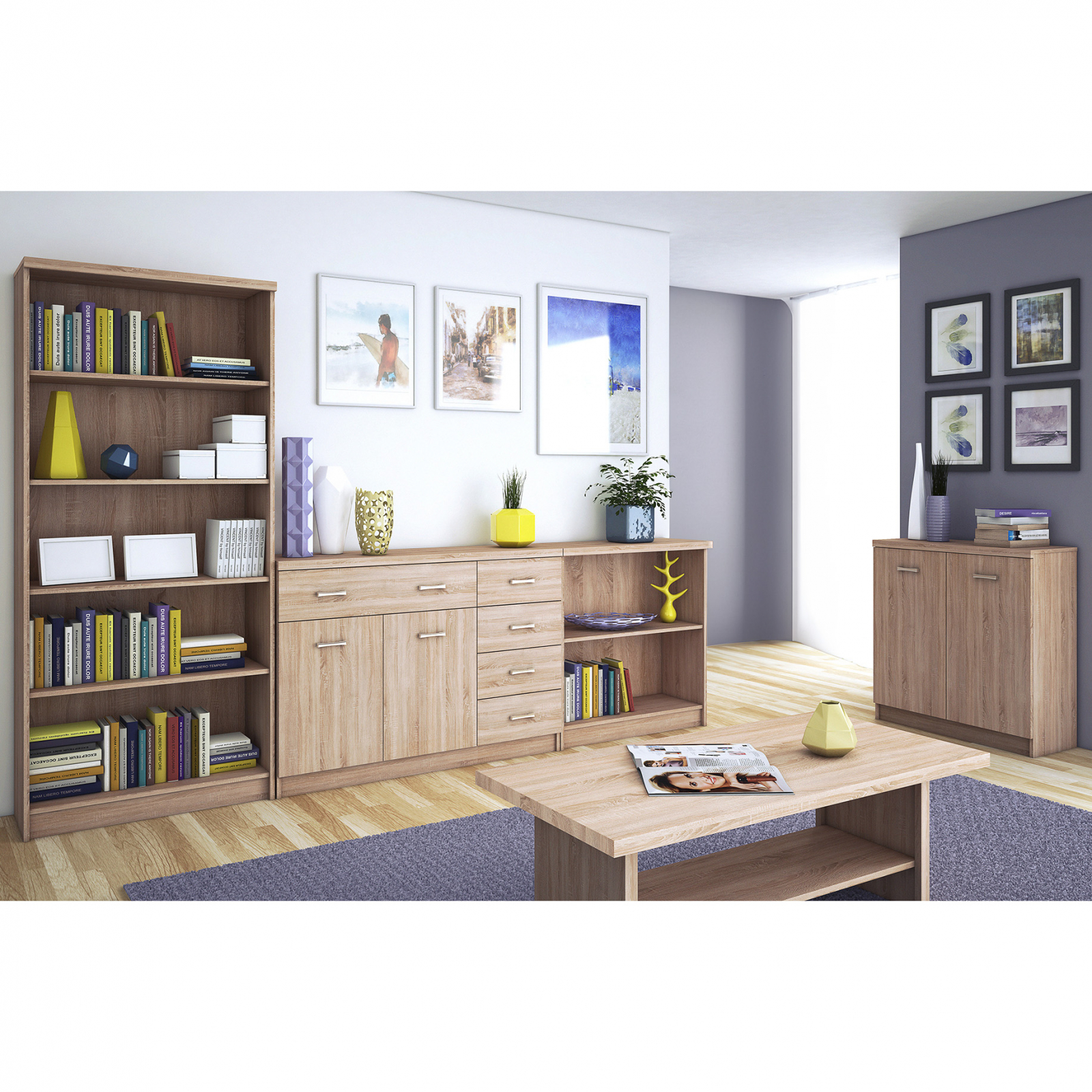 Livinguri - Set Living TOP MIX, 5 piese, 2 biblioteci, 2 comode, masuta de cafea, stejar sonoma, 280x33x183 cm