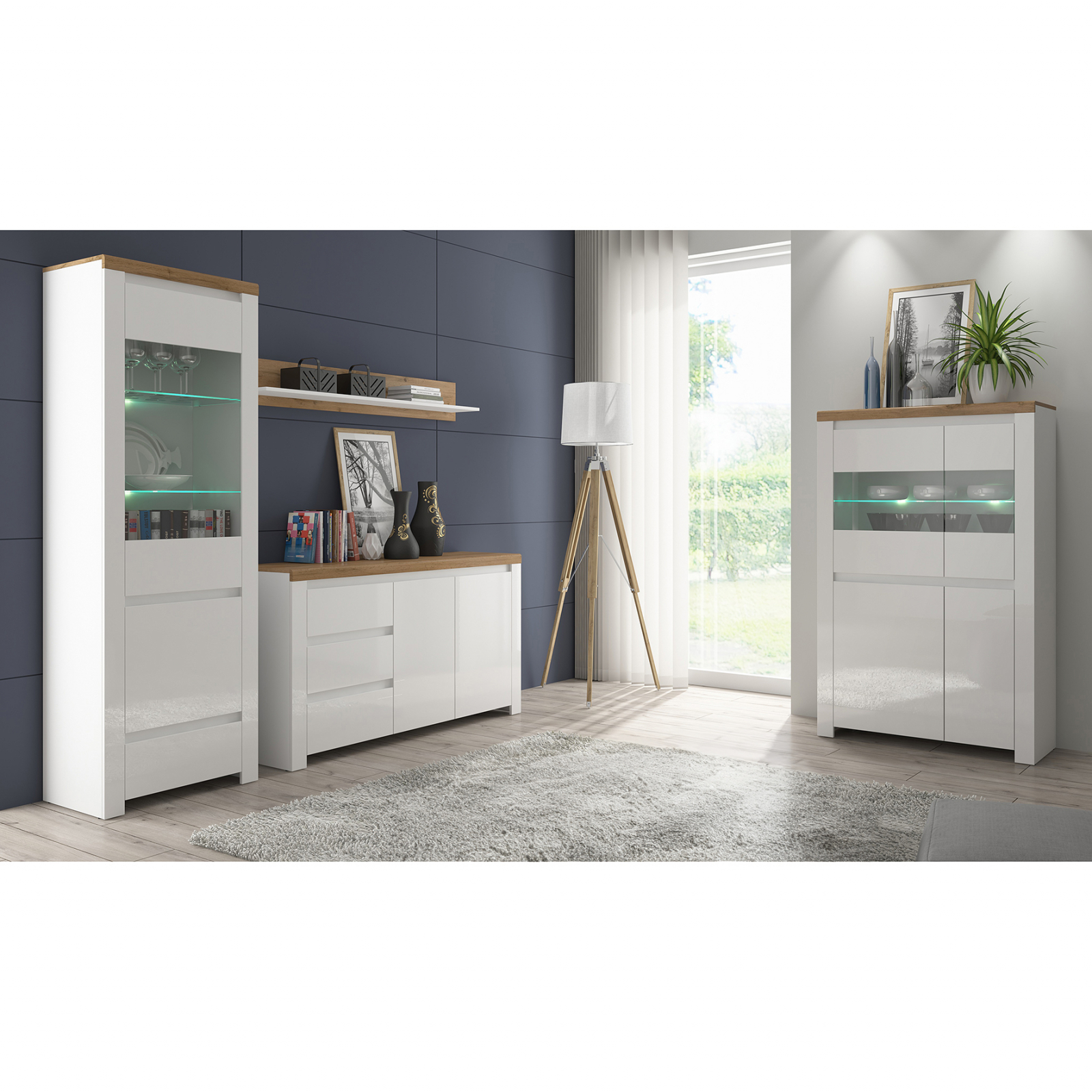 Livinguri - Set Living VIGO, 4 piese, 2 vitrine, comoda, raft suspendar, alb + stejar wotan