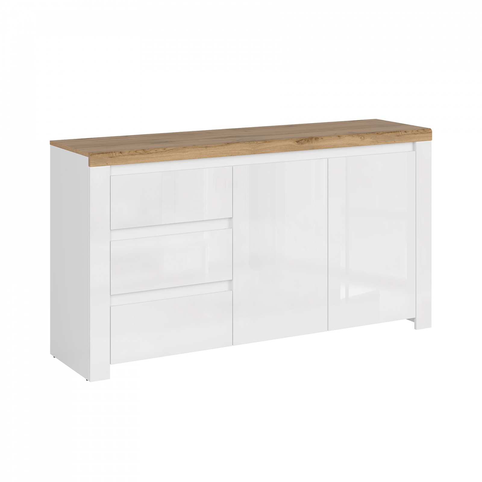 Livinguri - Set Living VIGO, 4 piese, 2 vitrine, comoda, raft suspendar, alb + stejar wotan