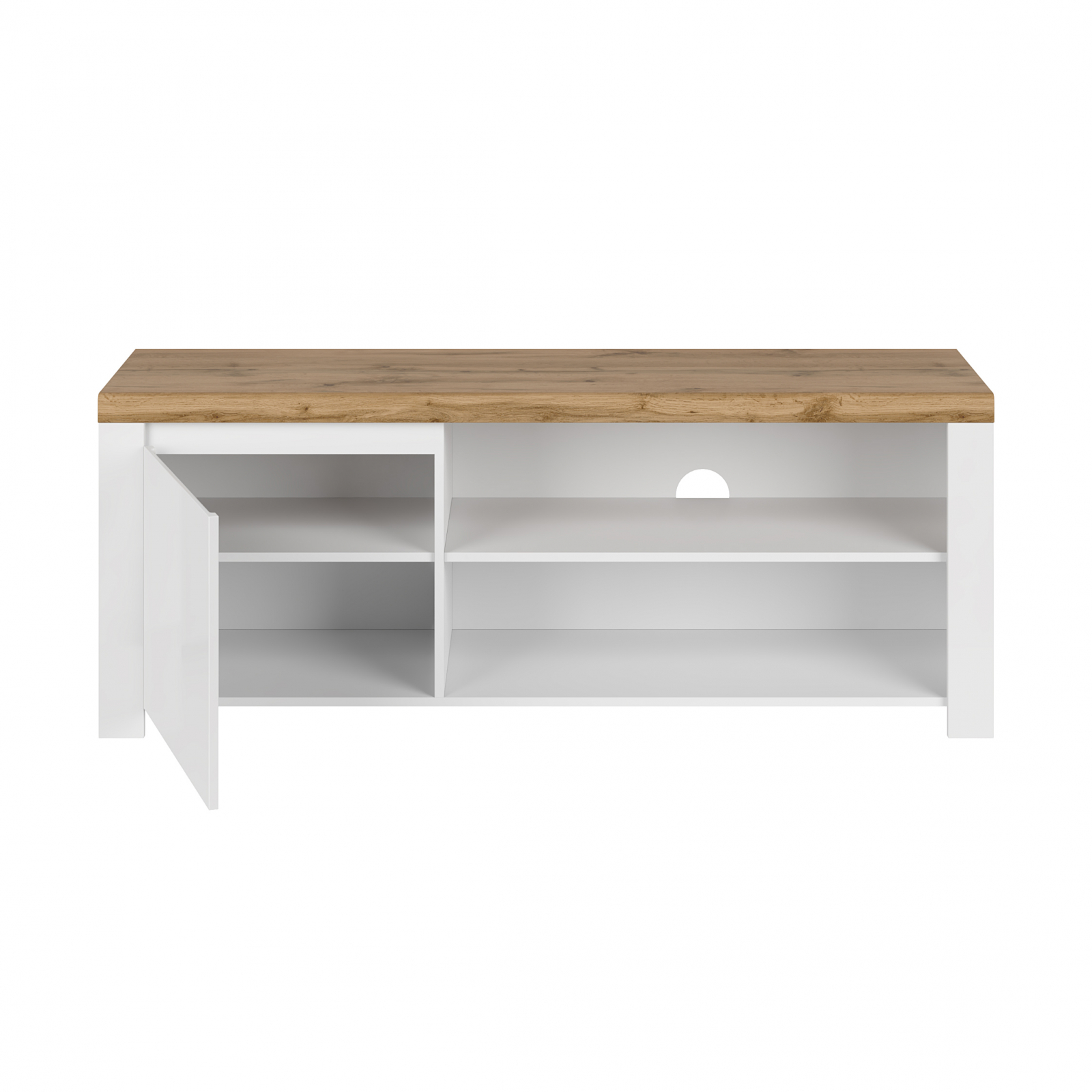 Livinguri - Set Living VIGO, 5 piese, comoda TV, 2 vitrine, masuta de cafea, raft suspendat, alb + stejar wotan, 322x41,5x202 cm