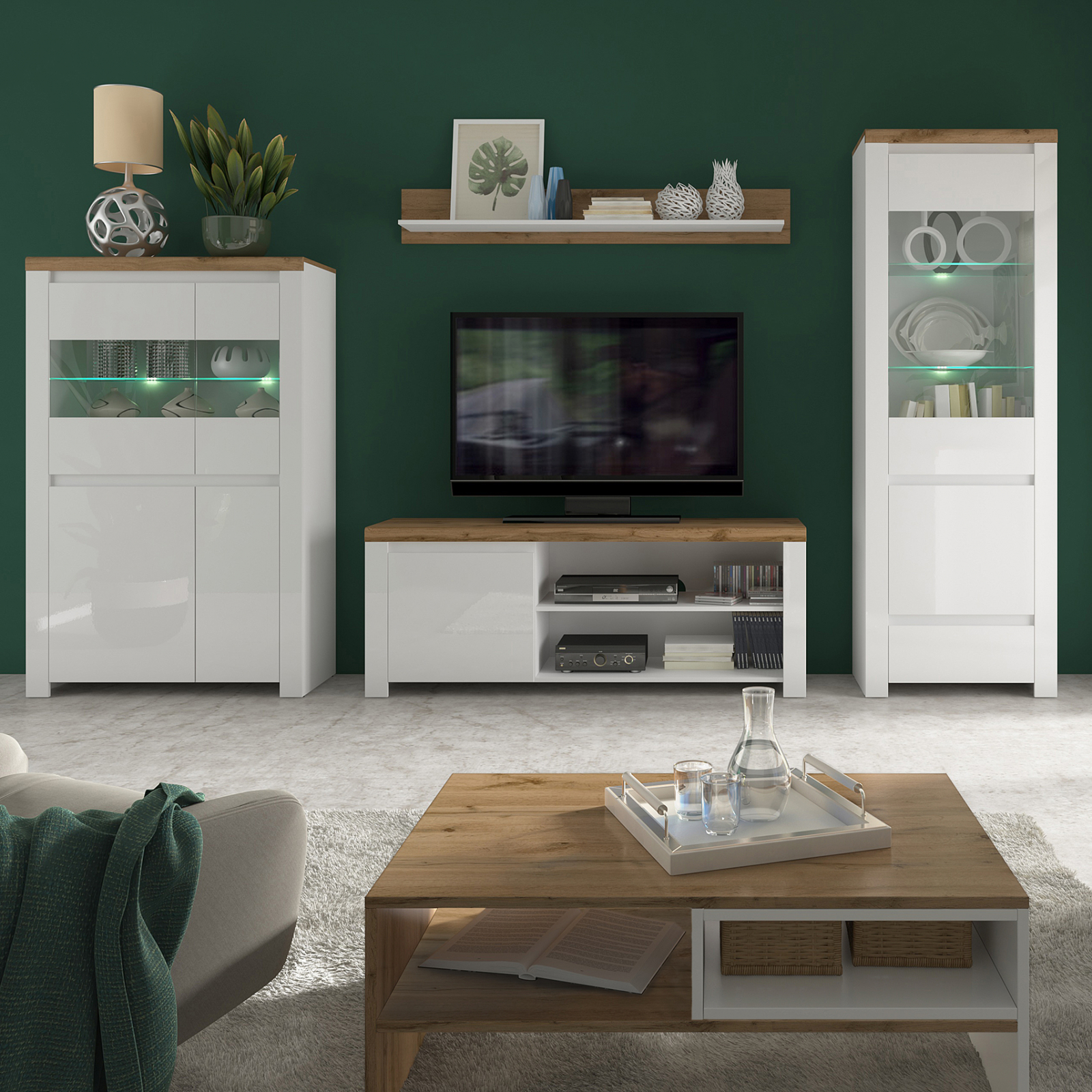 Livinguri - Set Living VIGO, 5 piese, comoda TV, 2 vitrine, masuta de cafea, raft suspendat, alb + stejar wotan, 322x41,5x202 cm