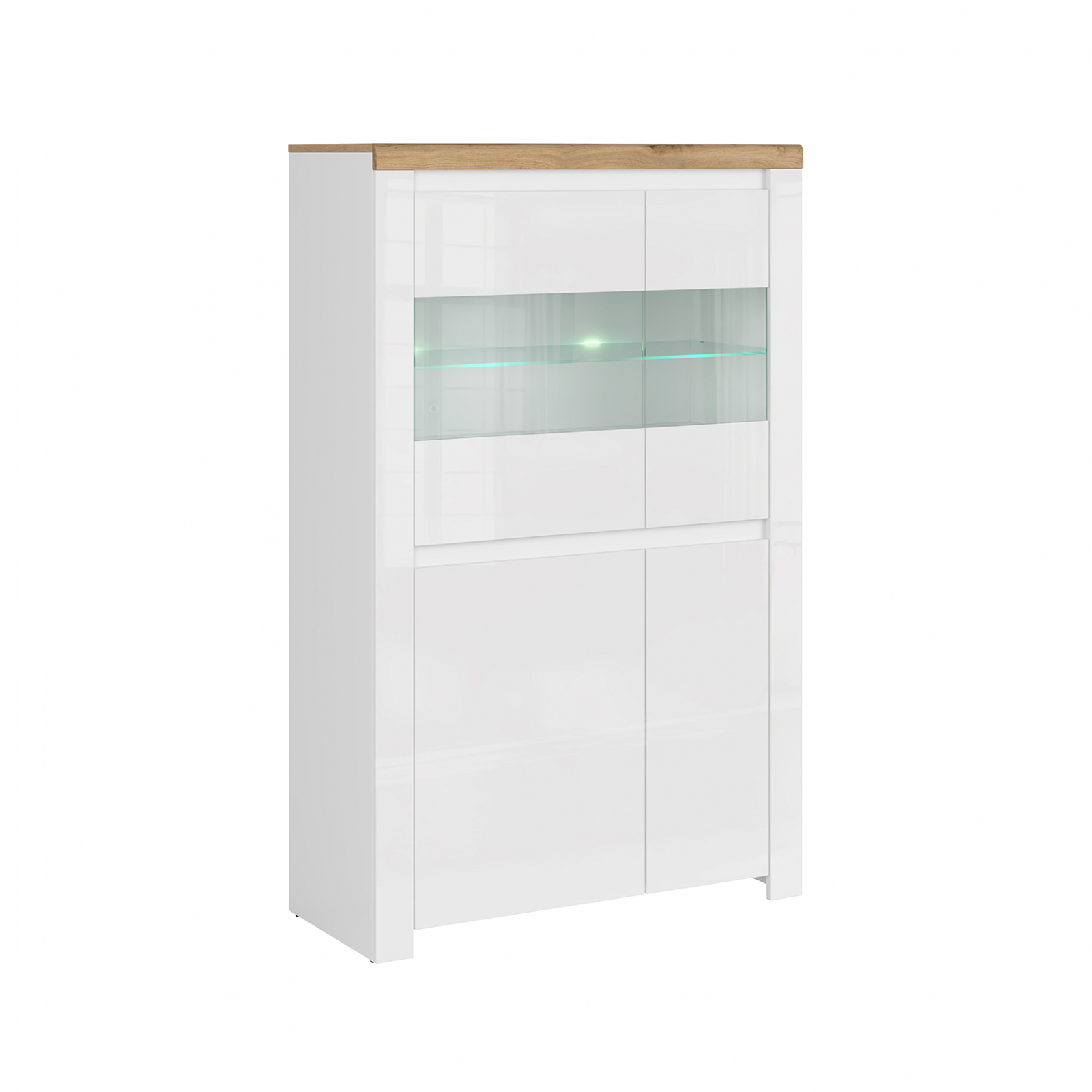 Livinguri - Set Living VIGO, 5 piese, comoda TV, 2 vitrine, masuta de cafea, raft suspendat, alb + stejar wotan, 322x41,5x202 cm