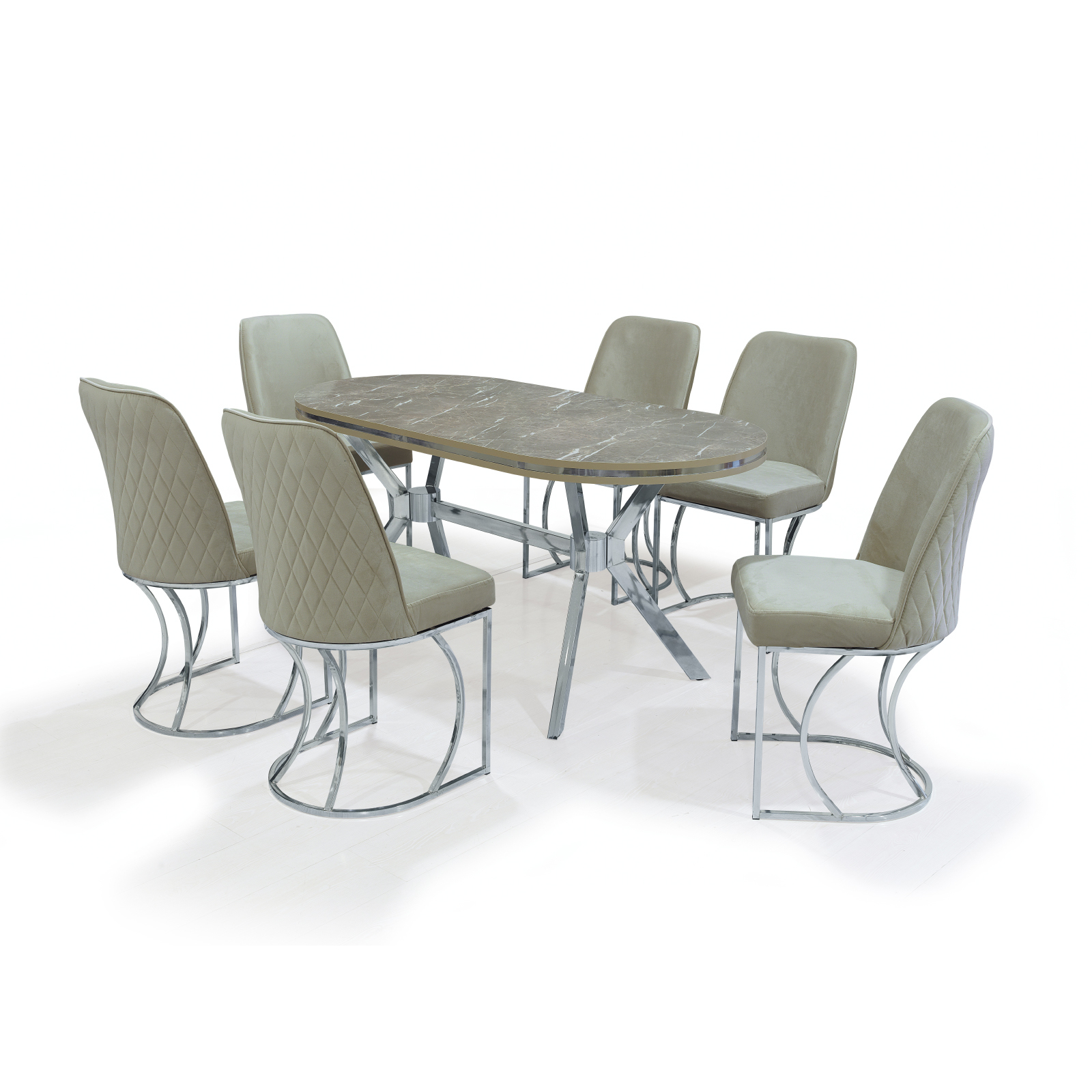 Mese si Scaune - Set TIMARA, masa cu 6 scaune, ovala, 6 persoane, marmura alanya + argintiu + bej, 160x80 cm