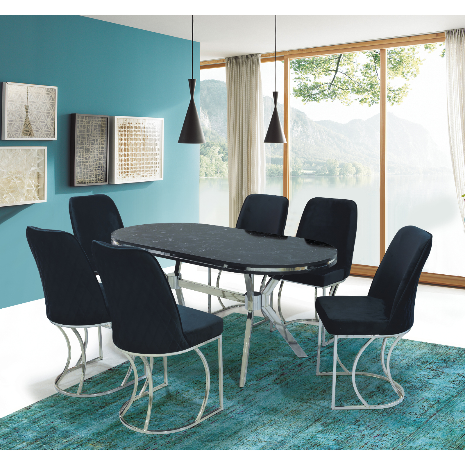 Mese si Scaune - Set TIMARA, masa cu 6 scaune, ovala, 6 persoane, marmura lotus + argintiu + negru, 160x80 cm