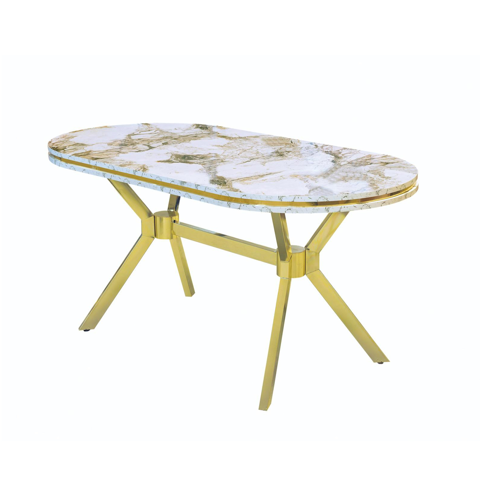 Mese si Scaune - Set TIMARA, masa cu 6 scaune, ovala, 6 persoane, marmura + auriu + bej, 160x80 cm