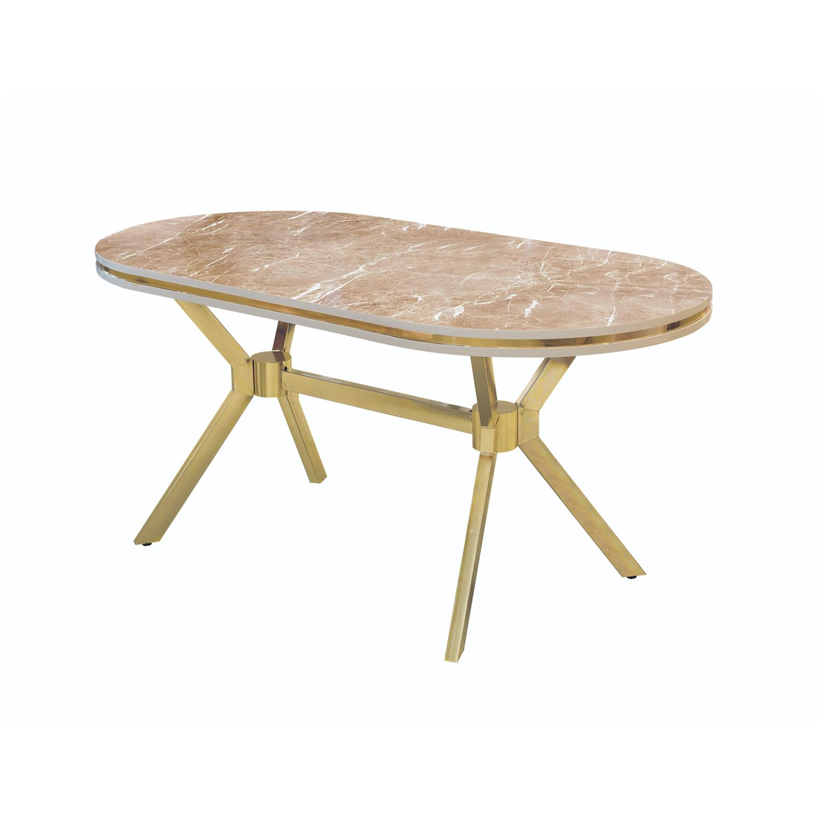 Mese si Scaune - Set TIMARA, masa cu 6 scaune, ovala, 6 persoane, marmura + auriu + crem, 160x80 cm