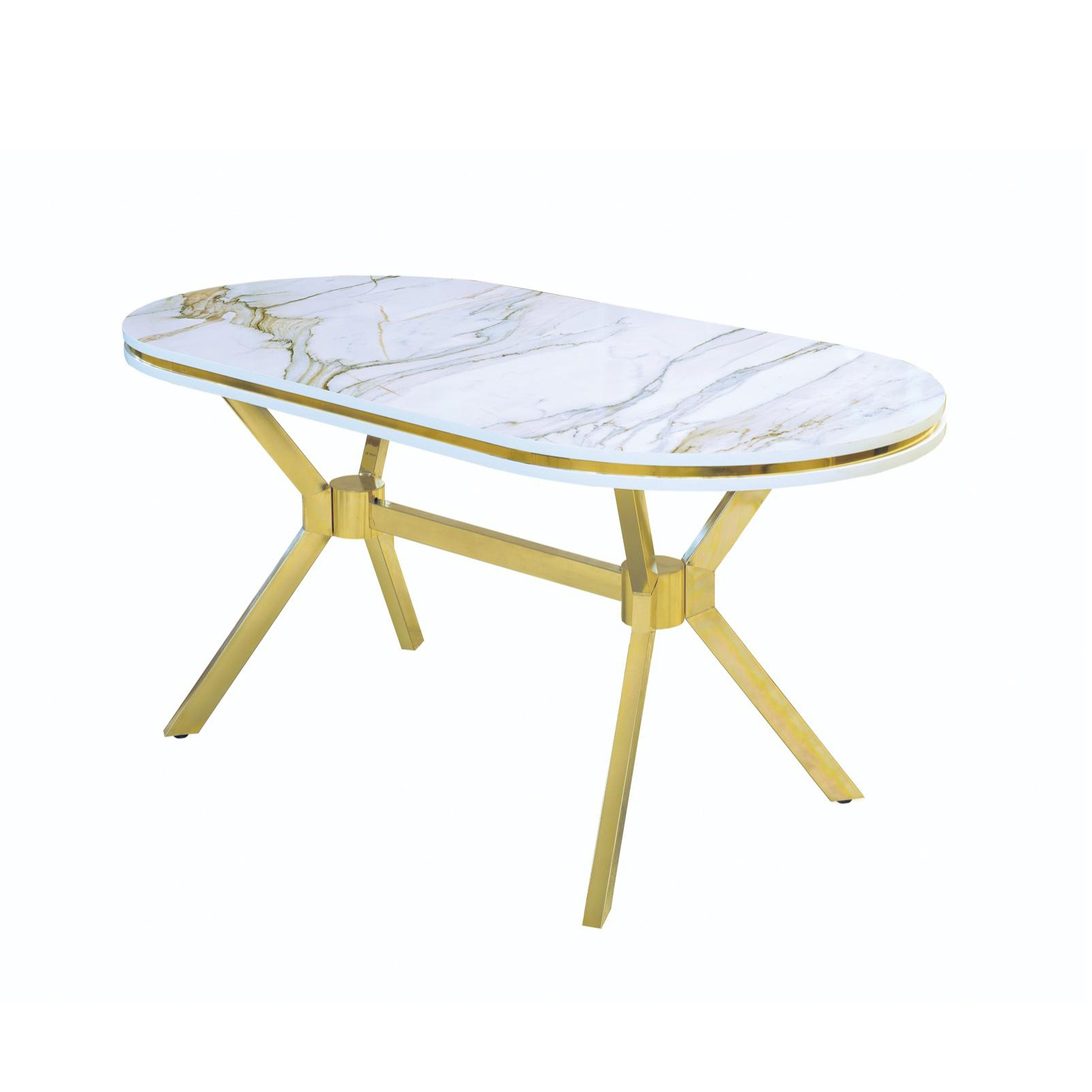 Mese si Scaune - Set TIMARA, masa cu 6 scaune, ovala, 6 persoane, marmura + auriu + gri, 160x80 cm