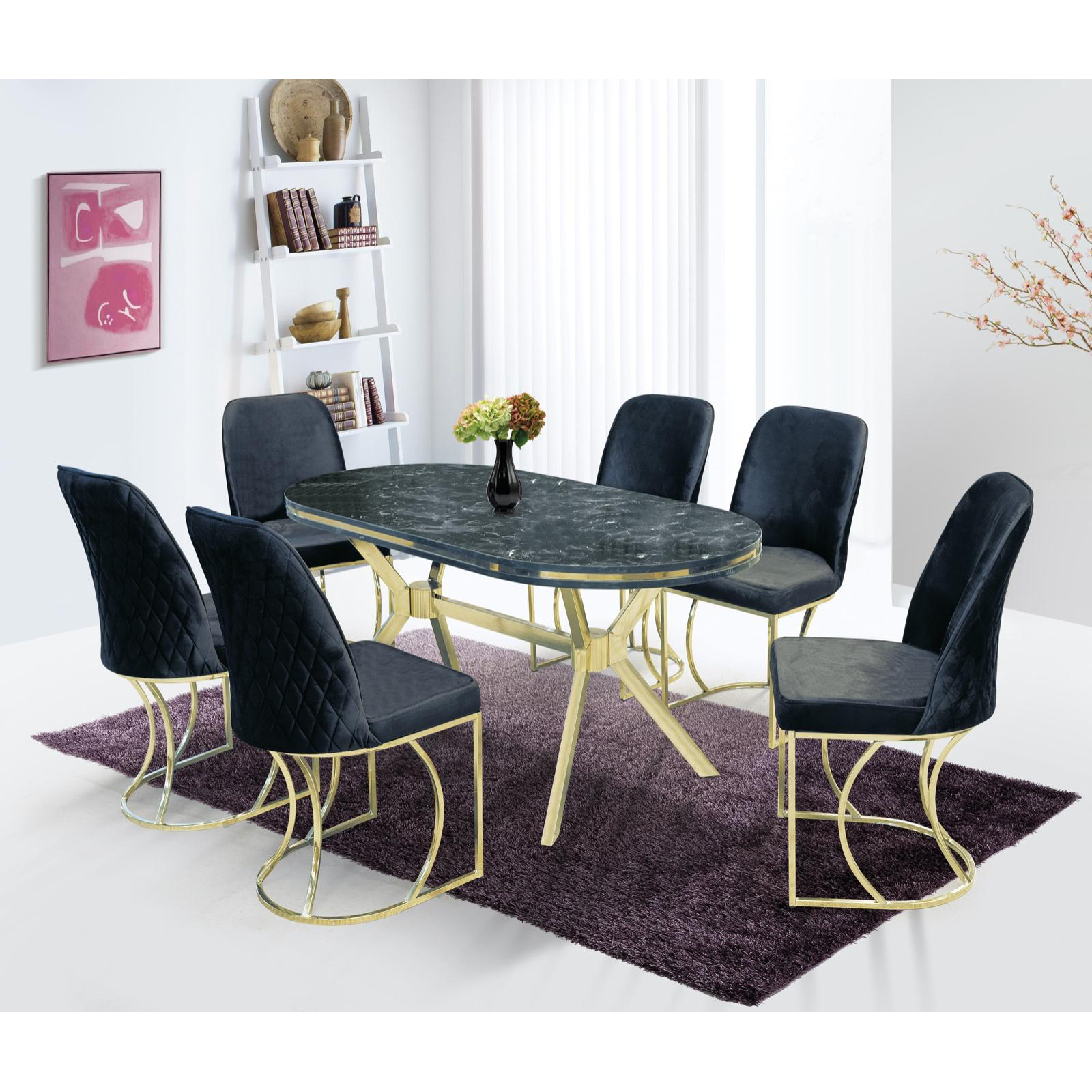 Mese si Scaune - Set TIMARA, masa cu 6 scaune, ovala, 6 persoane, marmura + auriu + negru, 160x80 cm