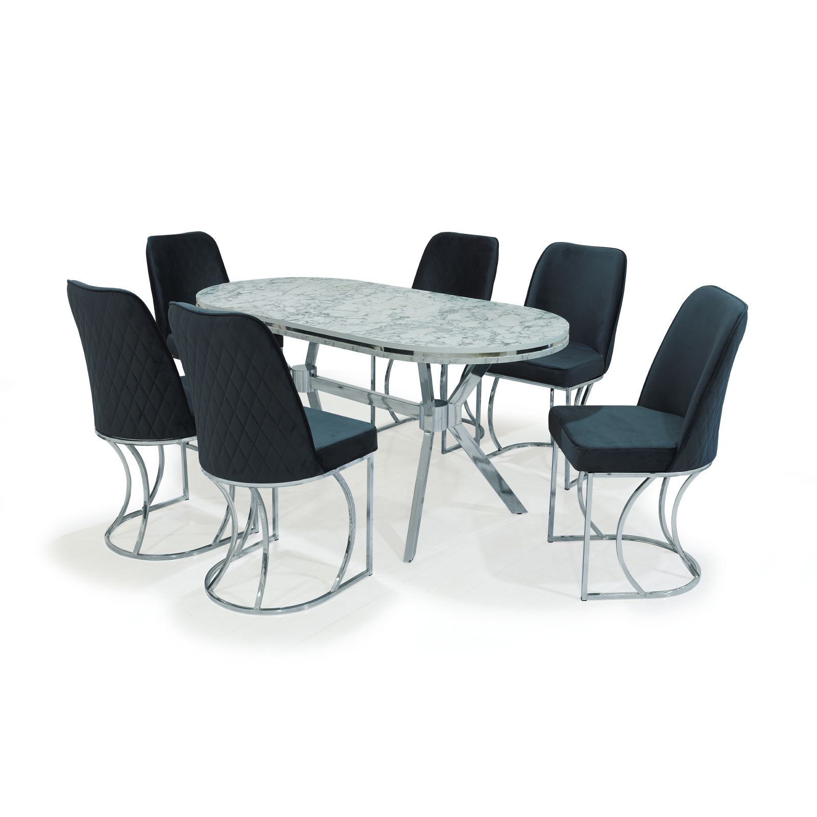 Mese si Scaune - Set TIMARA, masa cu 6 scaune, ovala, 6 persoane, marmura carrara+ argintiu + gri, 160x80 cm