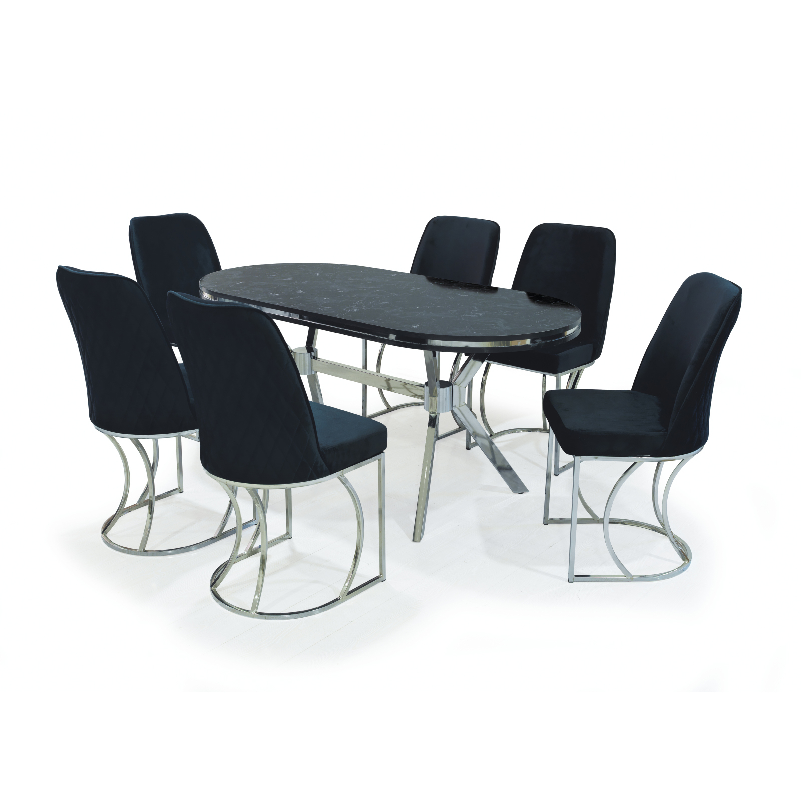 Mese si Scaune - Set TIMARA, masa cu 6 scaune, ovala, 6 persoane, marmura cosmos + argintiu + negru, 160x80 cm
