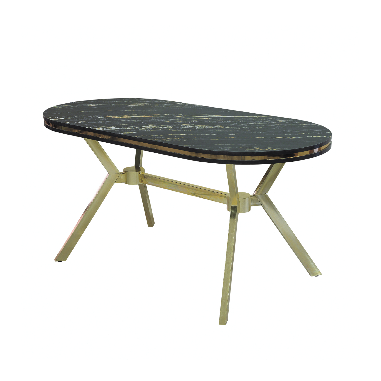 Mese si Scaune - Set TIMARA, masa cu 6 scaune, ovala, 6 persoane, marmura luanda + auriu + negru, 160x80 cm