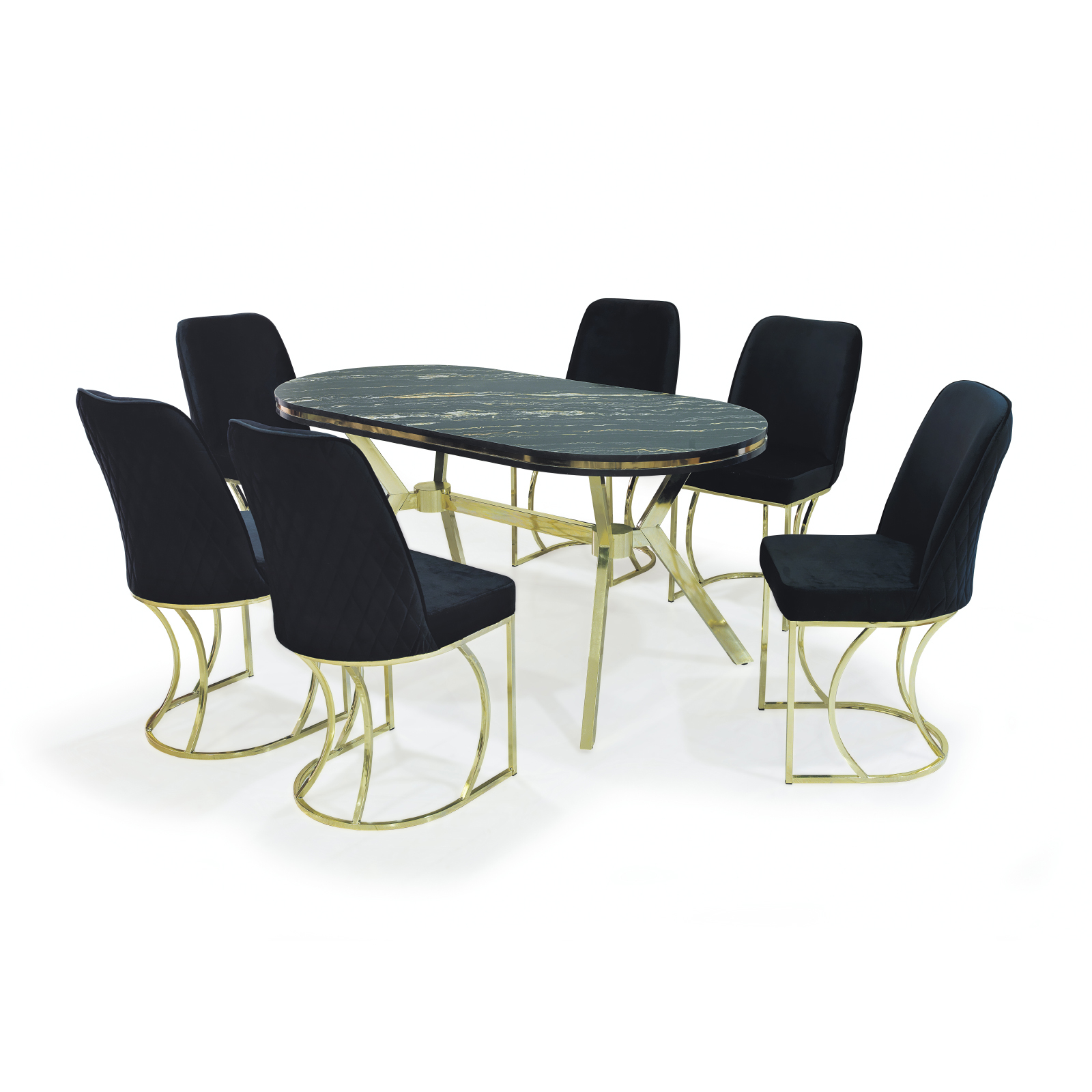 Mese si Scaune - Set TIMARA, masa cu 6 scaune, ovala, 6 persoane, marmura luanda + auriu + negru, 160x80 cm