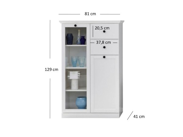 Vitrine - Vitrina joasa BRANDSON, 2 usi, 2 sertare, geam, alb, 81x41x129 cm