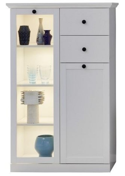 Vitrine - Vitrina joasa BRANDSON, 2 usi, 2 sertare, geam, alb, 81x41x129 cm