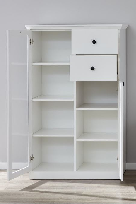 Vitrine - Vitrina joasa BRANDSON, 2 usi, 2 sertare, geam, alb, 81x41x129 cm