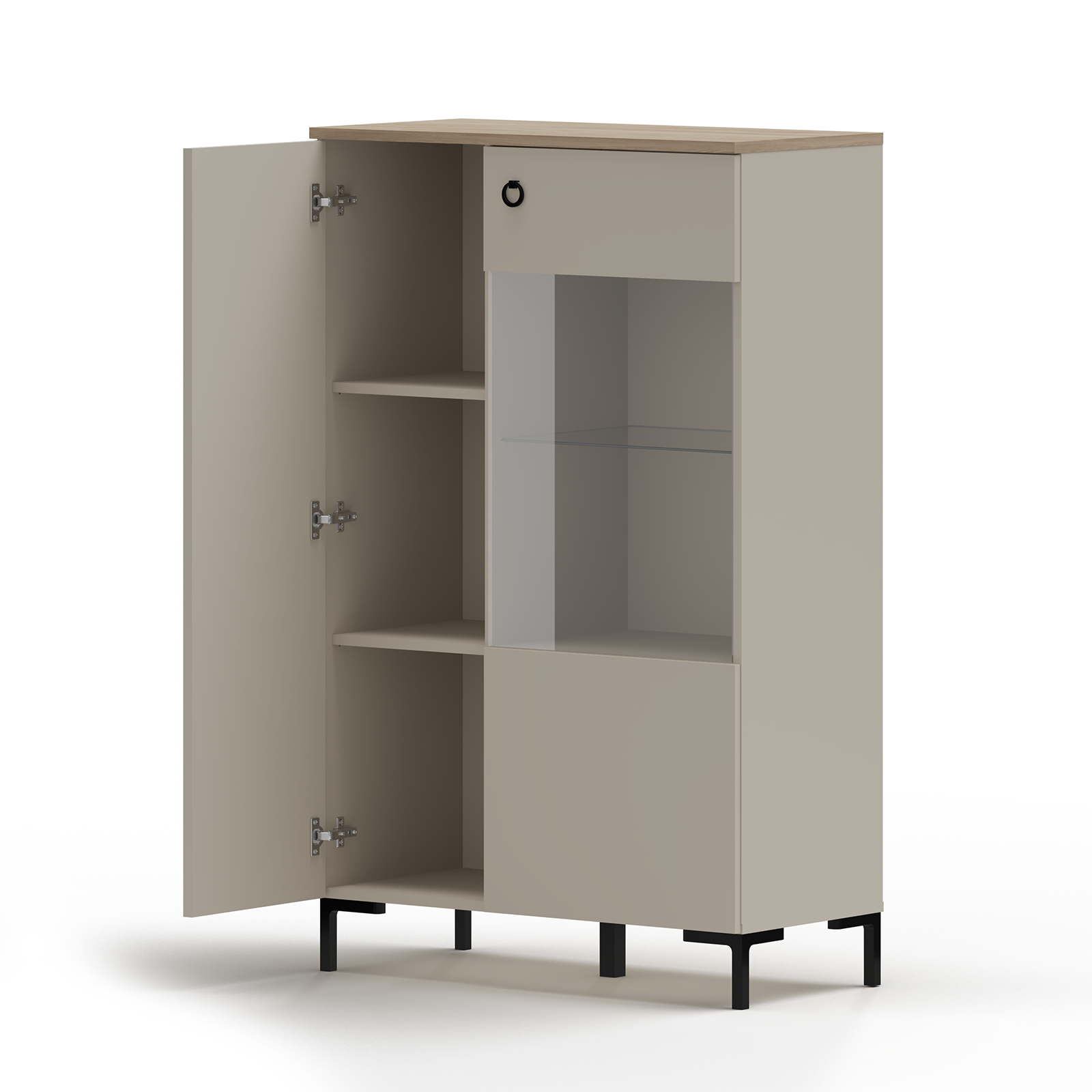 Vitrine - Vitrina joasa DOMINICA, 2 usi, geam, taupe + stejar silverjack, 85,5x41x137 cm