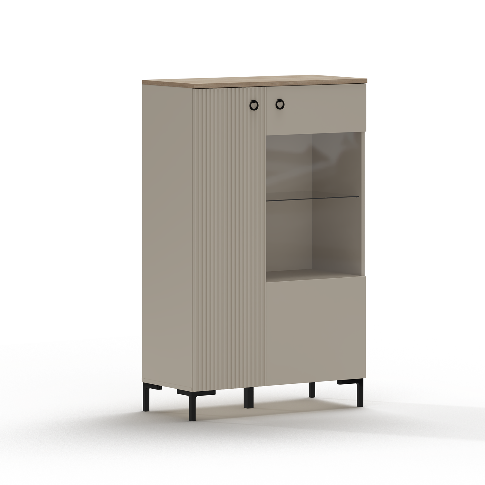 Vitrine - Vitrina joasa DOMINICA, 2 usi, geam, taupe + stejar silverjack, 85,5x41x137 cm