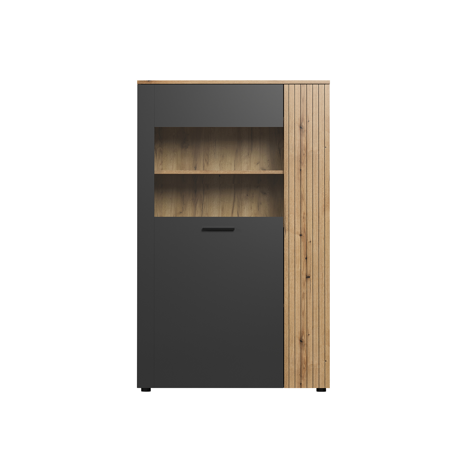 Colectia ESTEBAN - Vitrina joasa ESTEBAN, 2 usi, geam, grafit + stejar evok, 90,4x42x146 cm