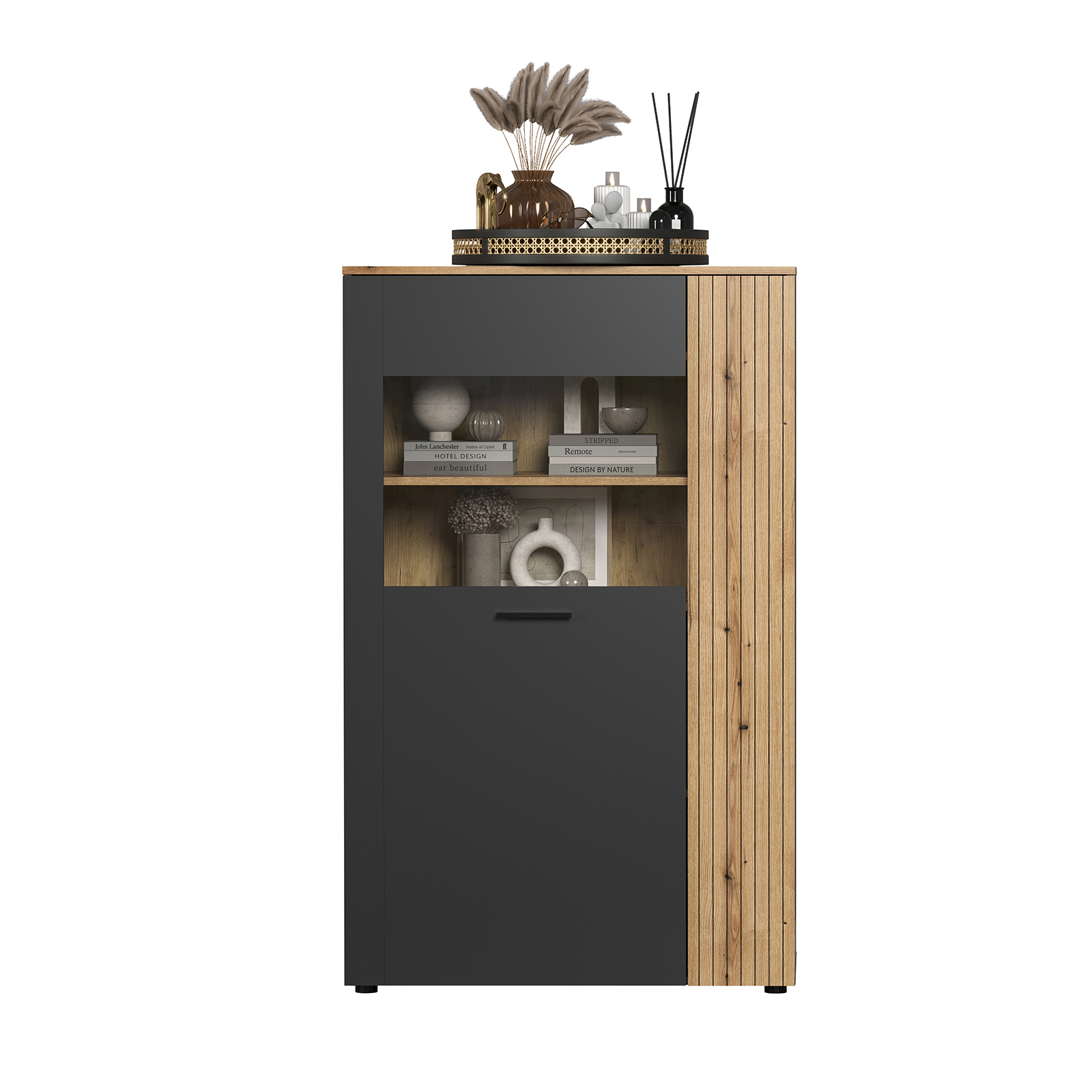 Colectia ESTEBAN - Vitrina joasa ESTEBAN, 2 usi, geam, grafit + stejar evok, 90,4x42x146 cm