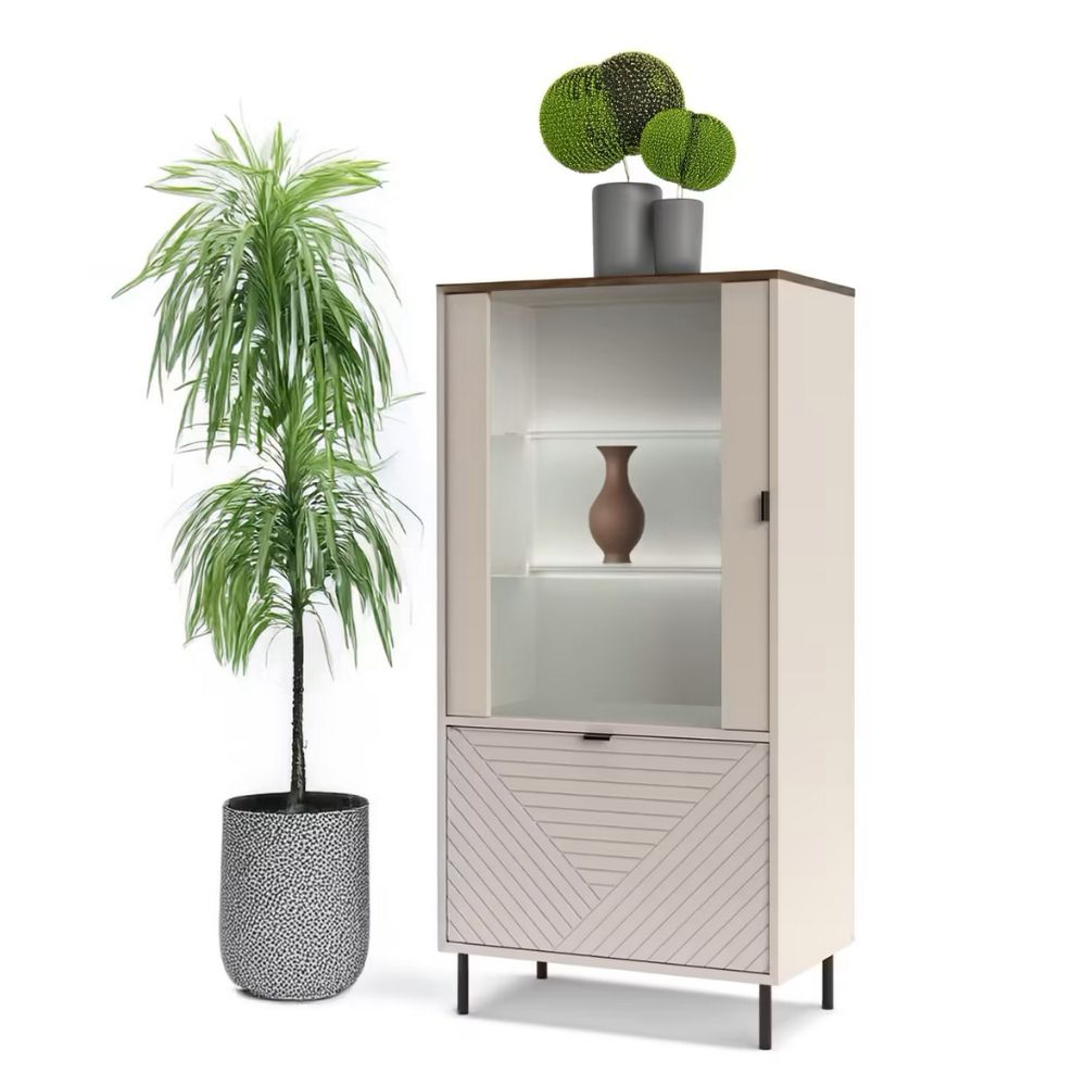 Colectia EVO - Vitrina joasa EVO, 2 usi, geam, casmir + stejar castello, 68,4x40x135,2 cm