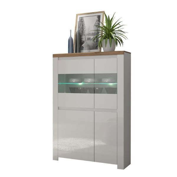 Vitrine - Vitrina joasa VIGO, 4 usi, geam, alb + stejar wotan, 98x41,5x156,5 cm