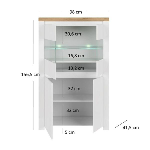 Vitrine - Vitrina joasa VIGO, 4 usi, geam, alb + stejar wotan, 98x41,5x156,5 cm