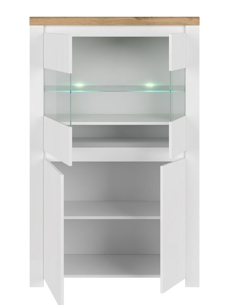 Vitrine - Vitrina joasa VIGO, 4 usi, geam, alb + stejar wotan, 98x41,5x156,5 cm