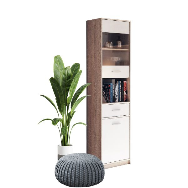 Colectia TIPS - Vitrina TIPS, 2 usi, 1 sertar, geam, stejar sonoma + alb, 50,2x34,3x195 cm