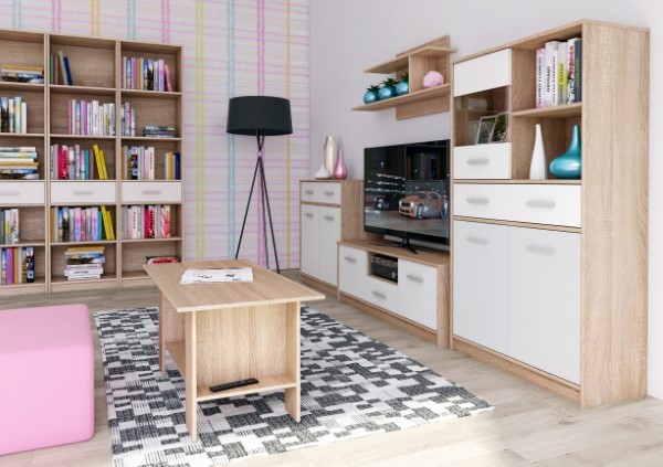 Colectia TIPS - Vitrina TIPS, 3 usi, 1 sertar, geam, stejar sonoma + alb, 83,4x34,3x144,7 cm