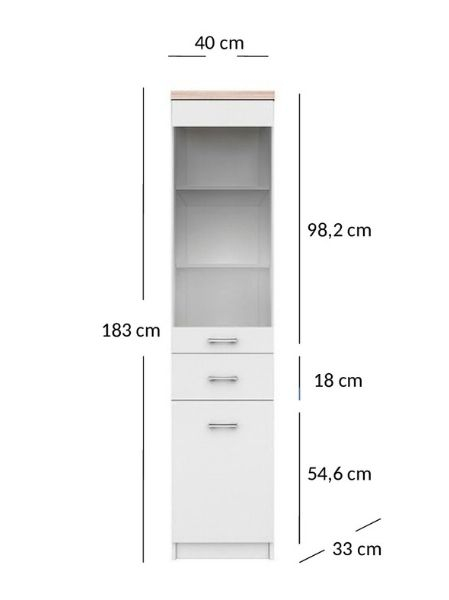 Vitrine - Vitrina TOP MIX, 2 uși, 1 sertar, geam, alb, 40x33x183 cm