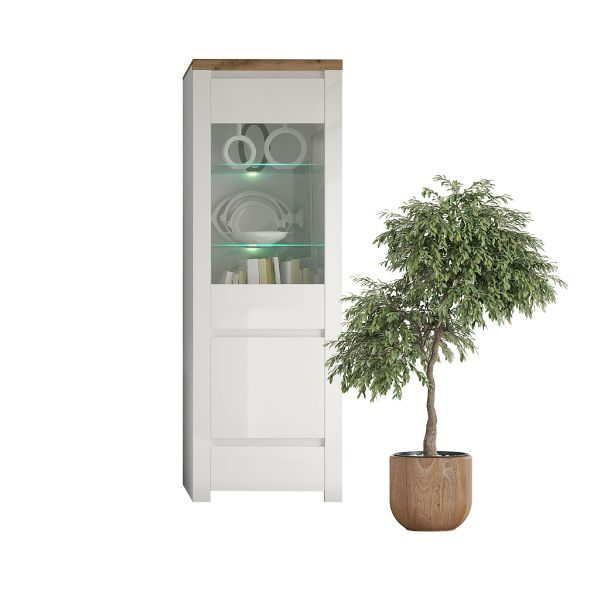 Vitrine - Vitrina VIGO, 2 usi, 1 sertar, geam, alb + stejar wotan, 68x41,5x202 cm