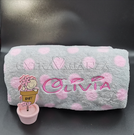 Pătură personalizată bebe - Pătură cocolino gri cu roz personalizată