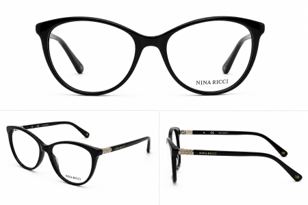 Plastic + Acetat - Nina Ricci VNR142S 0700 – ramă de ochelari de vedere neagră, design cat-eye elegant, pentru femei.