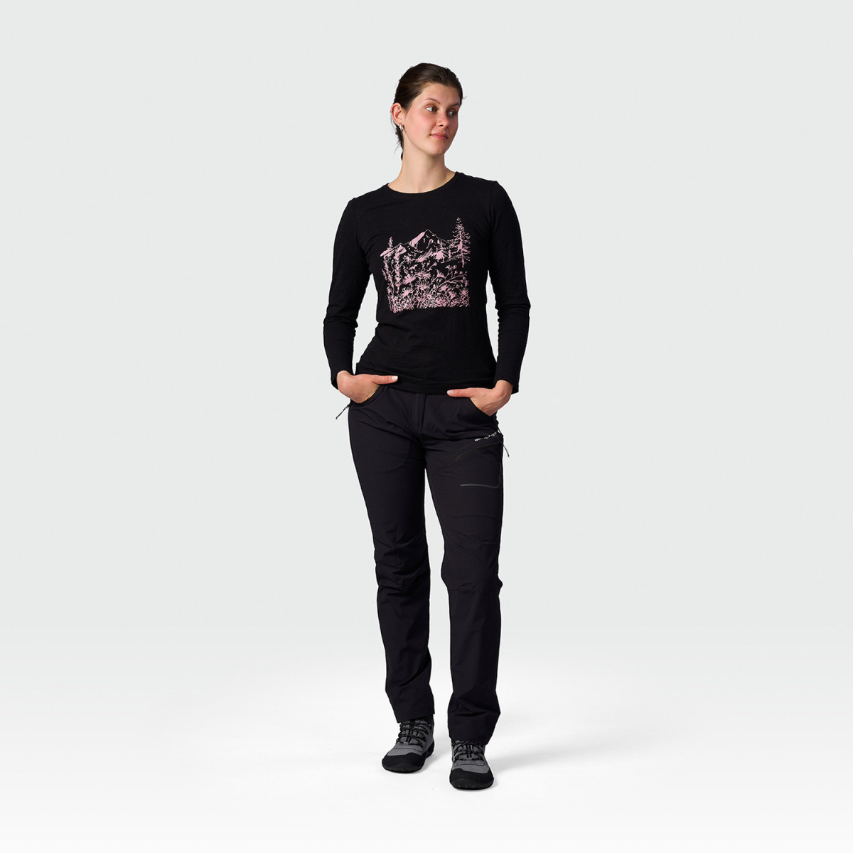 Bluza drumetie bumbac organic femei NORTHFINDER MAYT negru print montan [3]