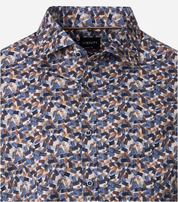 Camasa bumbac barbati VENTI BodyFit albastru/maro print geometric [3]