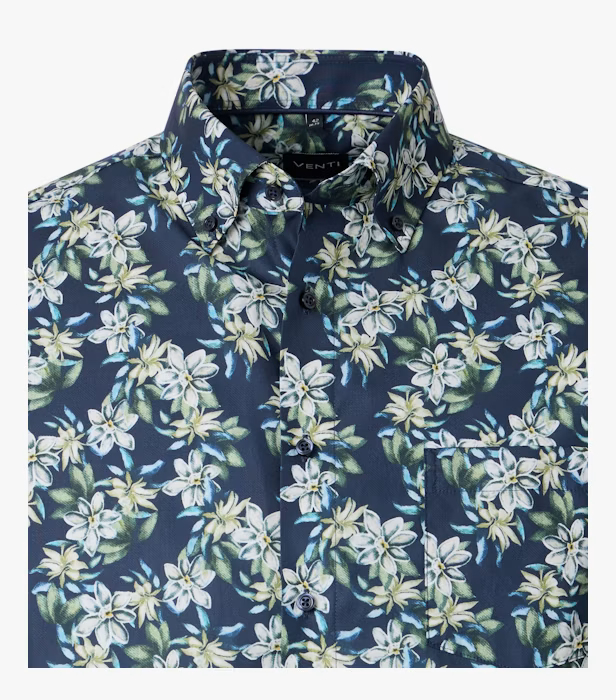 Camasa maneca scurta bumbac barbati VENTI ComfortFit albastru print floral bej [3]