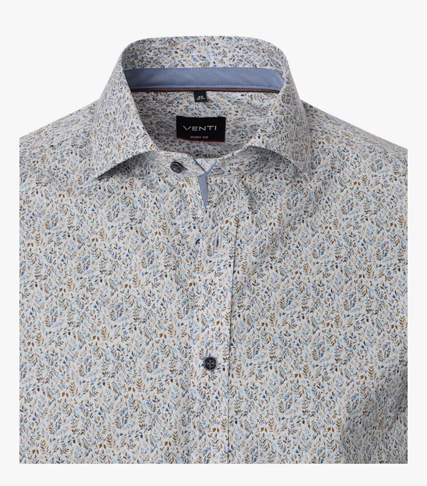 Camasa bumbac barbati VENTI BodyFit bej/bleu print frunze [3]