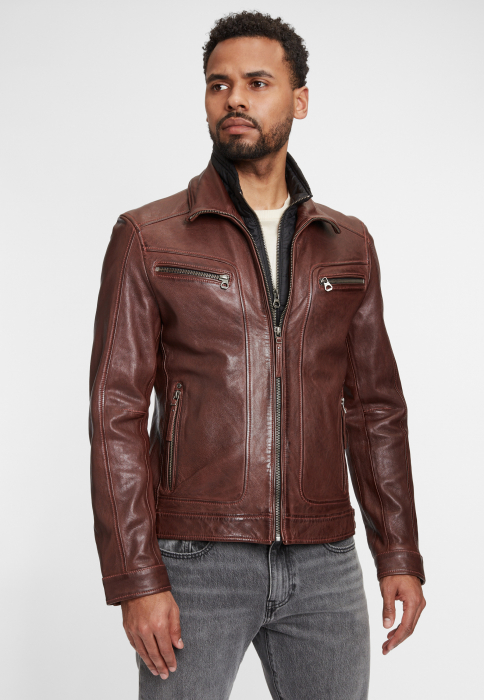 Jacheta piele biker barbati Regular MAURITIUS Taho maro [4]