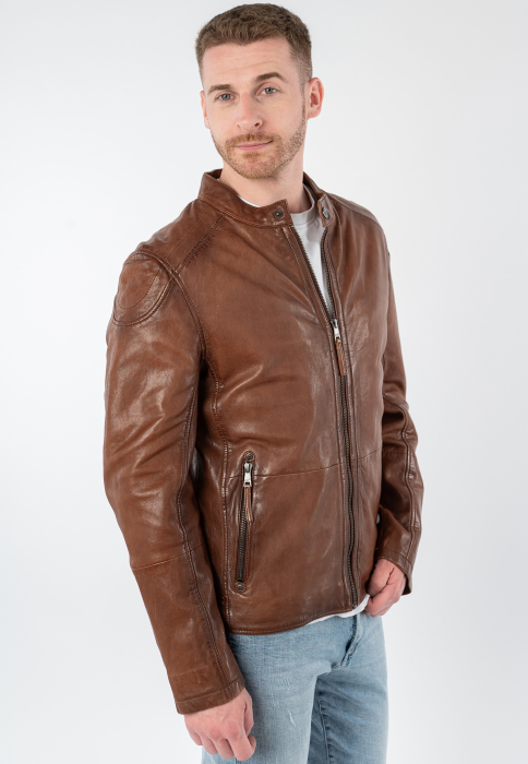 Jacheta piele biker barbati Regular MAURITIUS Baydo cognac [3]
