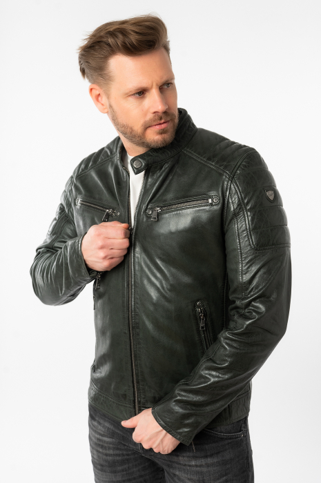 Jacheta biker piele barbati MAURITIUS Derry verde inchis [5]