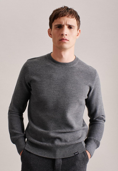 Pulover O-neck barbati merino structurat SEIDENSTICKER gri [6]