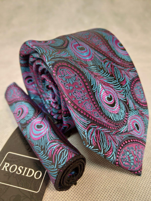 Set cadou cravata si batista barbati imprimeu paisley fucsia/verde [1]