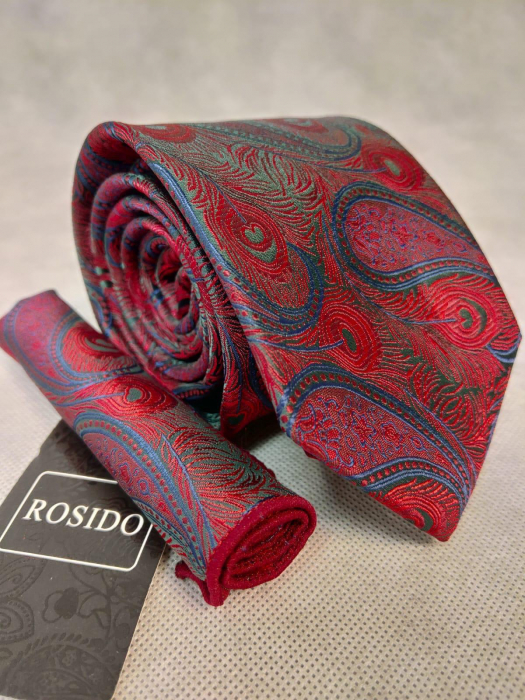 Set cadou cravata si batista barbati imprimeu paisley rosu/verde [1]