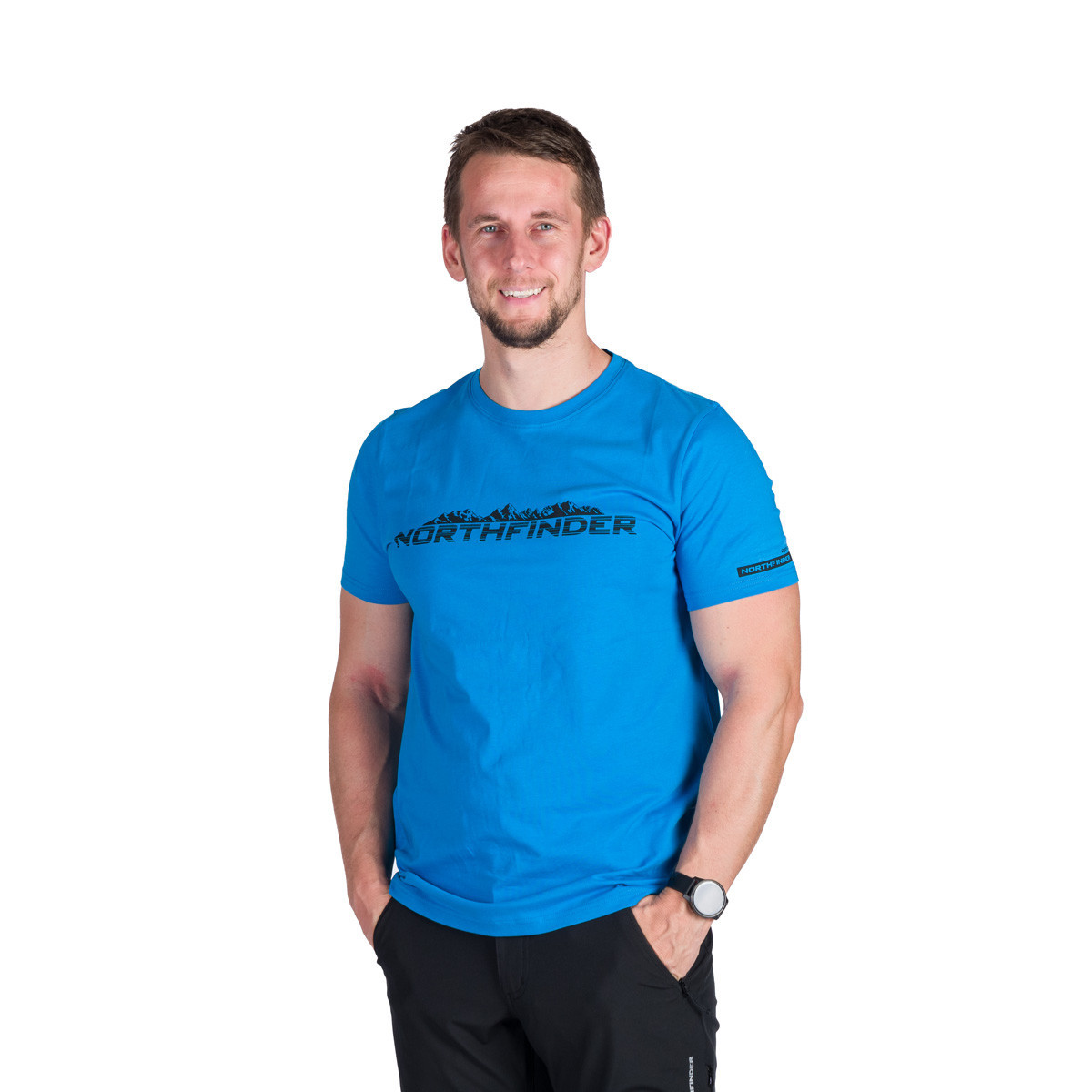 Tricou outdoor bumbac organic barbati NORTHFINDER FERDINAND albastru logo [1]
