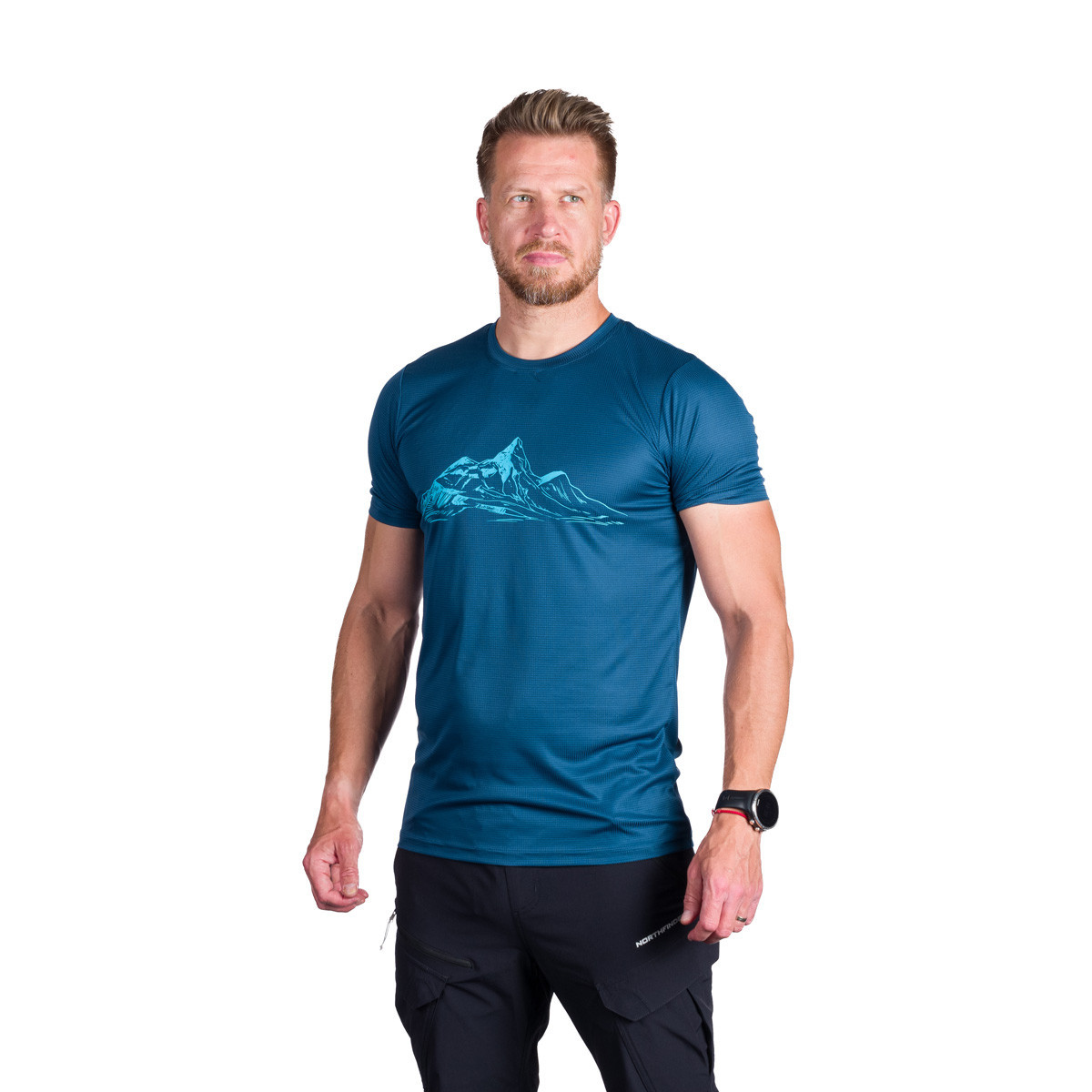 Tricou tehnic multisport barbati NORTHFINDER NICLAS turcoaz print montan [1]